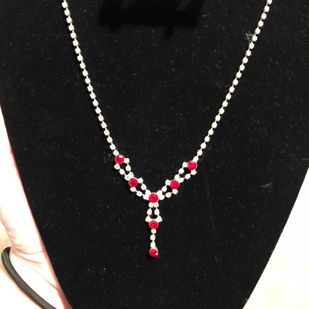 Vintage Y2K Bling Prom Jewelry Set Necklace and Earrings Red Austrian Crystal - Picture 2 of 3